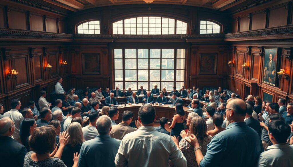 A bustling city hall, with citizens gathered in animated discussion, exchanging ideas and voicing their concerns. The foreground features a diverse group of attendees, engaged in lively debates, gesturing passionately. The middle ground showcases a semicircular council chamber, its ornate architecture and formal setting creating a sense of civic authority. In the background, an expansive window offers a glimpse of the surrounding cityscape, symbolizing the connection between the community and its governing body. Warm, natural lighting filters through, creating a sense of openness and transparency. The overall mood is one of active participation, where citizens feel empowered to contribute to the decision-making process. A bustling city hall, with citizens gathered in animated discussion, exchanging ideas and voicing their concerns. The foreground features a diverse group of attendees, engaged in lively debates, gesturing passionately. The middle ground showcases a semicircular council chamber, its ornate architecture and formal setting creating a sense of civic authority. In the background, an expansive window offers a glimpse of the surrounding cityscape, symbolizing the connection between the community and its governing body. Warm, natural lighting filters through, creating a sense of openness and transparency. The overall mood is one of active participation, where citizens feel empowered to contribute to the decision-making process.