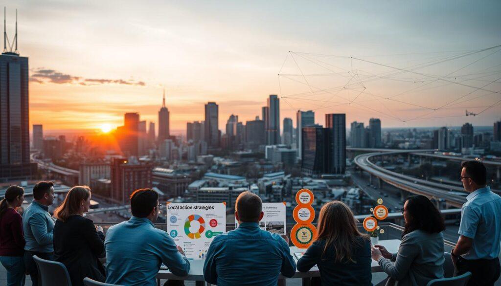 A bustling city skyline at dusk, the setting sun casting warm hues across the urban landscape. In the foreground, a group of people gathered around a table, engaged in a lively discussion. Their body language conveys a sense of collaboration and problem-solving, as they brainstorm strategies and ideas. The middle ground features a series of colorful infographics and diagrams, illuminating various "local action strategies" - community initiatives, policy changes, and grassroots movements. In the background, a network of interconnected roads and public transit systems, symbolizing the interconnectedness of urban planning and community engagement. The scene is captured with a wide-angle lens, emphasizing the scale and complexity of the subject matter, while soft, diffused lighting creates a contemplative, thoughtful atmosphere.