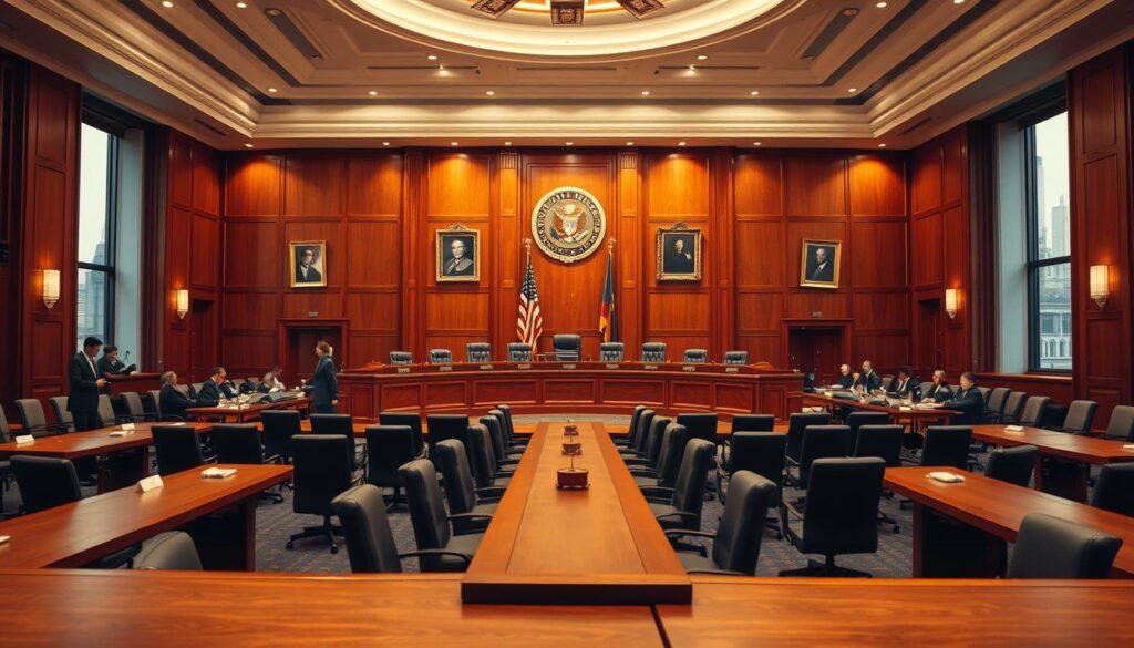 A bustling government meeting room, illuminated by warm, focused lighting from above. In the foreground, a long conference table is surrounded by carefully positioned chairs, ready for councilors to arrive. The middle ground features a large, oak-paneled wall, adorned with framed portraits and civic seals, conveying a sense of authority and tradition. In the background, tall windows provide a glimpse of the city skyline, hinting at the broader community the council serves. The overall atmosphere is one of quiet contemplation and civic duty, setting the stage for a productive, well-prepared meeting.