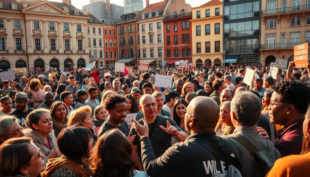 A bustling town square, filled with citizens of diverse backgrounds engaged in lively discussions and demonstrations. In the foreground, a group of community organizers passionately sharing their vision for positive change, gesturing with animated expressions. In the middle ground, a crowd of engaged onlookers, some carrying signs and banners, others listening intently. The background features a mix of historical buildings and modern architecture, creating a visually striking contrast. The scene is illuminated by warm, golden lighting, casting a sense of optimism and determination. The overall atmosphere conveys a powerful message of collective action and civic empowerment.