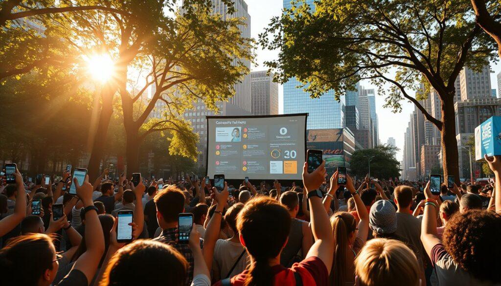 A bustling urban square, illuminated by warm sunlight filtering through a canopy of trees. In the foreground, a diverse group of people gather, their faces lit with determined expressions as they hold up smartphones and tablets, digital devices emblems of their collective digital activism. The middle ground features a large projection screen displaying data visualizations and infographics, conveying the impact of their online efforts. In the background, towering buildings and skyscrapers stand as a testament to the transformative power of community-driven digital change. Cinematic depth of field, vibrant colors, and a sense of dynamism and hope permeate the scene.