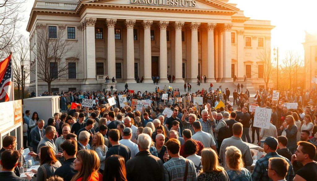 A busy town square filled with diverse citizens engaged in lively discussions, passionate debates, and civic activities. In the foreground, groups of people gather around information booths and podiums, gesturing animatedly as they exchange ideas. In the middle ground, a crowd surges forward, wielding placards and banners with slogans promoting social causes. The background features a grand, stately civic building, its columns and facade bathed in warm, golden light, symbolizing the power of democratic institutions. The scene conveys a sense of collective energy, civic pride, and the vital role of grassroots engagement in shaping the future.