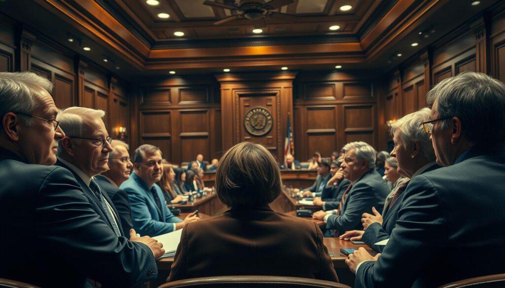 A city council chamber during a lively debate, dimly lit with warm overhead lighting. In the foreground, a group of local politicians engaged in animated discussion, their expressions ranging from resolute determination to subtle annoyance. In the middle ground, a semicircle of constituents observing the proceedings, their body language reflecting a mix of engagement and skepticism. In the background, a grand oak table, the focal point of the chamber, symbolizing the weight of the decisions made within these walls. An atmosphere of political tension and strategic maneuvering pervades the scene, as the key players navigate the complex web of local politics. A city council chamber during a lively debate, dimly lit with warm overhead lighting. In the foreground, a group of local politicians engaged in animated discussion, their expressions ranging from resolute determination to subtle annoyance. In the middle ground, a semicircle of constituents observing the proceedings, their body language reflecting a mix of engagement and skepticism. In the background, a grand oak table, the focal point of the chamber, symbolizing the weight of the decisions made within these walls. An atmosphere of political tension and strategic maneuvering pervades the scene, as the key players navigate the complex web of local politics.