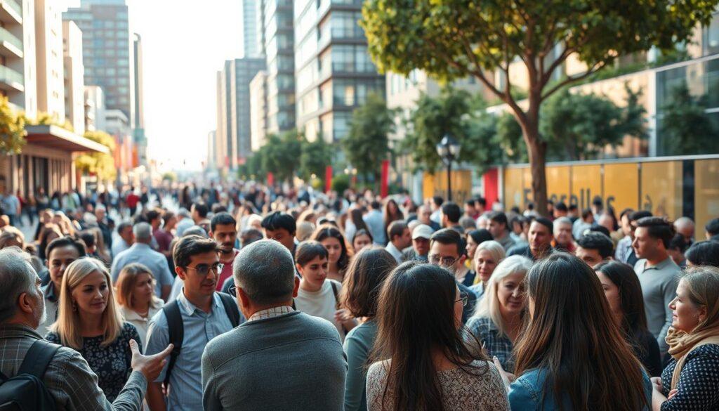 A community gathering in a vibrant public square, with people of diverse backgrounds engaged in lively discussions. The foreground shows a group of citizens listening intently to a speaker, gesturing animatedly. In the middle ground, smaller clusters of people exchange ideas, while the background features a bustling cityscape with modern architecture and greenery. The lighting is warm and inviting, creating a sense of energy and collaboration. The scene conveys a spirit of active civic participation and inclusive community engagement.