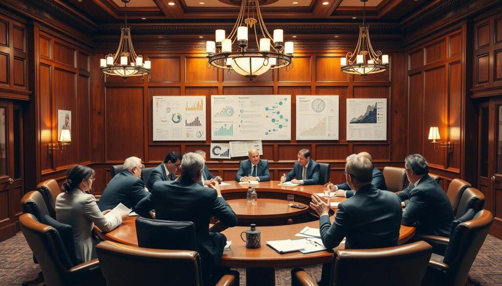 A cozy boardroom with polished wood paneling and elegant chandeliers. In the foreground, a circular table surrounded by high-backed leather chairs, where a group of professionals in business attire are engaged in a lively discussion, hands gesturing, papers scattered before them. The middle ground features a large wall display showcasing various graphs, charts, and strategic diagrams. The background is bathed in a warm, ambient light, creating a sense of focus and seriousness. The overall atmosphere exudes a sense of collaboration, problem-solving, and the strategic shaping of local policies.