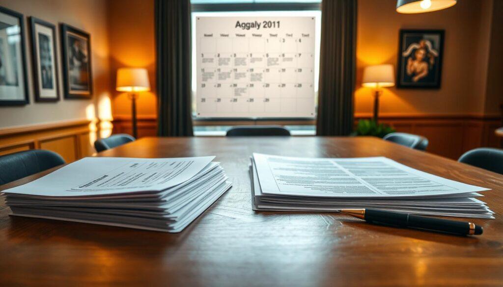 A detailed analysis of a local government agenda unfolds on a well-lit wooden table. In the foreground, a stack of neatly organized documents and a pen rest, suggesting an active review process. The middle ground features a large calendar with important dates and annotations, while the background showcases a cityscape through a window, hinting at the broader context of the agenda. The lighting is warm and inviting, creating a professional yet approachable atmosphere. The composition emphasizes the importance of understanding and engaging with the local government's priorities and decision-making process.