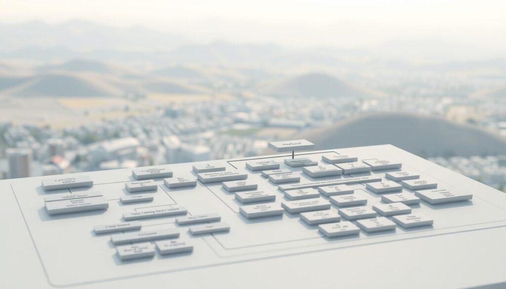 A detailed, technically accurate 3D illustration of a local government organizational structure. In the foreground, a complex diagram depicting various departments, committees, and lines of authority, rendered in a sleek, minimalist style with clean lines and muted colors. The middle ground features an abstract cityscape, with geometric shapes representing municipal buildings and infrastructure. In the background, a softly blurred landscape of rolling hills and a hazy sky, creating a sense of context and scale. The lighting is crisp and directional, casting subtle shadows that reinforce the depth and dimensionality of the scene. The camera angle is elevated, providing an overview perspective that conveys the comprehensive nature of the local government analysis.