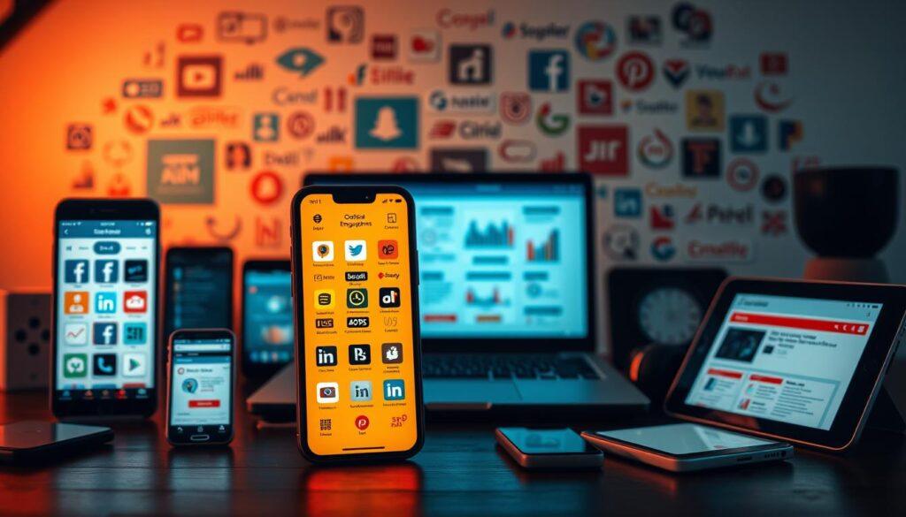 A diverse array of digital political engagement tools, arranged in a dynamic composition. In the foreground, a smartphone displays various social media and civic engagement apps, its screen casting a warm, ambient glow. In the middle ground, a laptop and tablet showcase interactive infographics, data visualizations, and online discussion forums. The background features a collage of icons, logos, and interface elements, hinting at the wide range of digital platforms empowering civic participation. Warm, muted lighting creates a contemplative atmosphere, conveying the thoughtful, purposeful nature of these tools. The overall scene suggests the synergistic relationship between technology and political engagement.