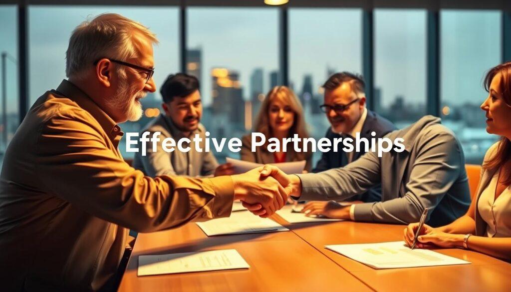 A vibrant scene of local government representatives collaborating at a conference table, with warm lighting illuminating their faces as they discuss ideas and strategies. In the foreground, two officials shake hands, solidifying a partnership, while in the middle ground, others review documents and make notes. The background features the city skyline, suggesting the broader context of their work. The atmosphere conveys a sense of engaged, productive cooperation, reflecting the "Effective Partnerships" theme.