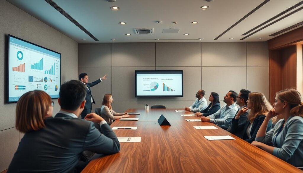 A well-lit conference room with a long wooden table, where a group of professionals in business attire are engaged in a data presentation. The presenter stands at the head of the table, pointing to a large projection screen displaying charts, graphs, and infographics. The attendees lean forward, their faces illuminated by the soft glow of the screen, their expressions focused and attentive. Neutral tones of gray, beige, and brown create a sophisticated atmosphere, with the occasional splash of color from a participant's tie or blouse. The scene conveys a sense of collaboration, decision-making, and the exchange of vital information.