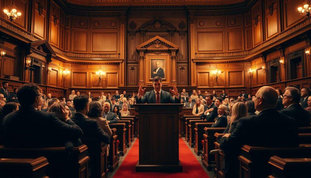 A well-lit, expansive council chamber with wooden benches and intricate architectural details. In the center, a poised public speaker stands at a podium, gesturing expressively as they address a focused audience. Warm lighting casts dramatic shadows, creating a sense of seriousness and importance. The speaker's face is visible, conveying confidence and authority. The audience, seated in the middle ground, leans forward attentively, their faces reflecting a range of reactions - interest, contemplation, and engagement. The background features a grand, ornate backdrop, suggesting the significance of the proceedings. The overall scene evokes a powerful, impactful public speaking moment within a formal, official setting.