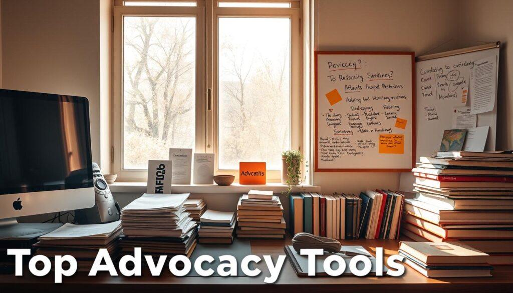 A well-lit workspace with an assortment of advocacy policy tools, including a desktop computer, a stack of research papers, a whiteboard displaying brainstormed strategies, and a collection of reference books. Warm natural lighting filters through a large window, casting a soft glow across the organized desk. The overall atmosphere conveys a sense of productivity, collaboration, and a relentless pursuit of positive change. The scene captures the essence of the "Top Advocacy Tools" section, showcasing the essential resources and technologies that empower local advocacy efforts.