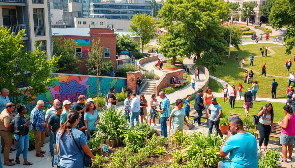 a bustling urban scene with a diverse group of people engaged in various community activities, set against a backdrop of modern architecture and lush greenery. In the foreground, a group of neighbors gathered around a community garden, tending to plants and discussing local initiatives. In the middle ground, a colorful mural adorns the side of a building, showcasing vibrant artistic expressions. In the background, a park with winding paths and benches where people of all ages are socializing, exercising, and enjoying the outdoors. The scene is illuminated by warm, natural lighting, conveying a sense of community, collaboration, and civic engagement.