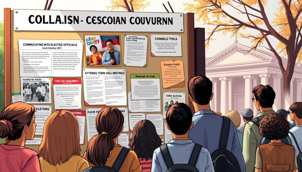 a detailed illustration of various political advocacy tools and resources for local government, including a bulletin board or public notice board displaying flyers, pamphlets, and informational materials, with a focus on communicating with elected officials, attending town hall meetings, and grassroots activism. The foreground features a diverse group of community members engaging with the materials, while the background depicts a city hall or local government building. The lighting is warm and natural, capturing the sense of civic engagement and community empowerment. The overall atmosphere conveys a feeling of community involvement and the power of political advocacy at the local level.