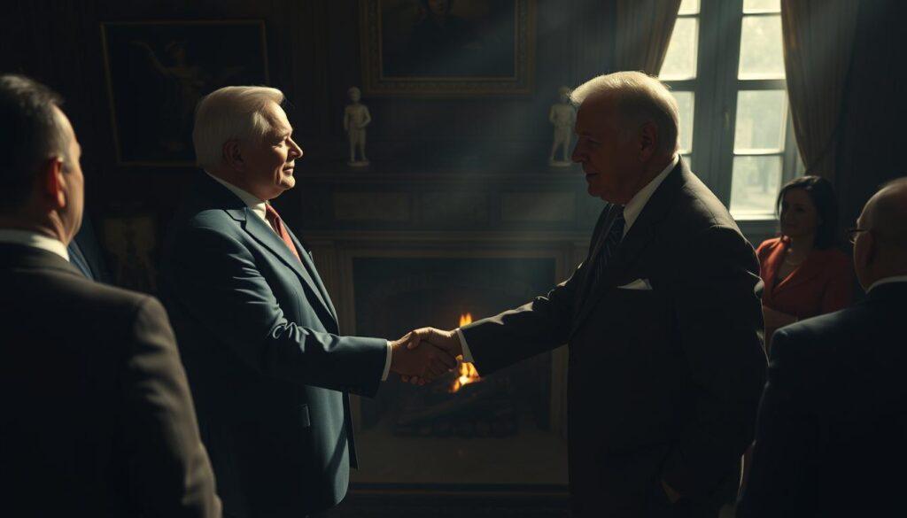 high-angle shot of two political leaders shaking hands in a dimly lit room, surrounded by a small group of advisors and aides, warm lighting from a fireplace casting long shadows, strategic alliance and collaboration, somber and serious mood, cinematic, realistic