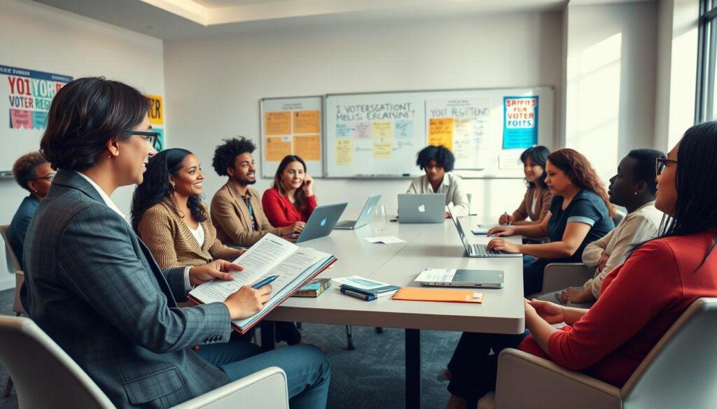 A diverse group of individuals engaged in a nonpartisan voter registration training session, seated around a large conference table in a well-lit room. In the foreground, a facilitator, dressed in professional business attire, demonstrates effective communication techniques with an open notebook and charts. In the middle, participants of varying ages and ethnicities actively discuss and practice scripts for quick conversations, while others take notes on their laptops. The background features a whiteboard with key points outlined and colorful posters promoting civic engagement. Soft, natural lighting filters through large windows, creating an inviting atmosphere that encourages collaboration. The angle captures the energy of the group, exuding a sense of purpose and community involvement.