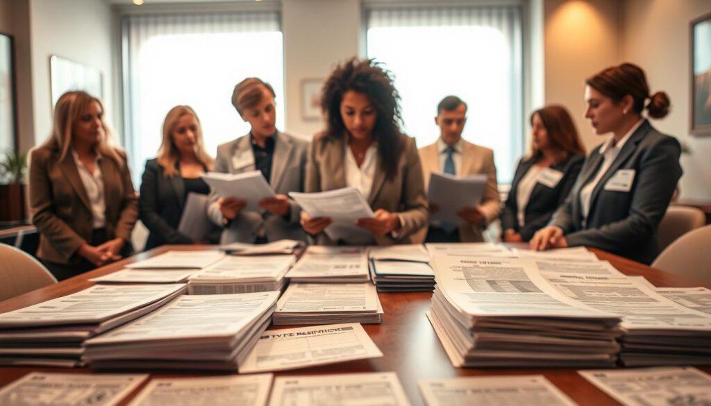 A detailed and informative scene depicting various forms of proof of residence documentation requirements for voter registration. In the foreground, a neatly organized table displays common documents such as utility bills, bank statements, and rental agreements, each with a distinct but unobtrusive design. In the middle ground, a diverse group of volunteers in professional business attire is engaged in discussion, reviewing the documents together with focused expressions. The background features a soft-focus office environment with light streaming through a large window, creating an inviting and constructive atmosphere. Use warm, natural lighting and a slight depth of field to emphasize the importance of understanding ID and proof-of-residence requirements. A detailed and informative scene depicting various forms of proof of residence documentation requirements for voter registration. In the foreground, a neatly organized table displays common documents such as utility bills, bank statements, and rental agreements, each with a distinct but unobtrusive design. In the middle ground, a diverse group of volunteers in professional business attire is engaged in discussion, reviewing the documents together with focused expressions. The background features a soft-focus office environment with light streaming through a large window, creating an inviting and constructive atmosphere. Use warm, natural lighting and a slight depth of field to emphasize the importance of understanding ID and proof-of-residence requirements.