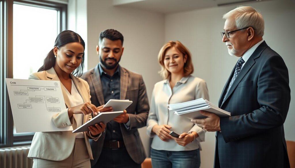A diverse group of four individuals engaged in a professional setting, discussing the felony voting rights restoration process. In the foreground, a middle-aged African American woman in business attire points to a flowchart on a tablet. Beside her, a young Hispanic man takes notes eagerly. In the middle ground, a white woman in smart casual clothing observes the discussion with a thoughtful expression, while an older Asian man holds a stack of legal documents. The background features a soft-focus meeting room with a large window allowing natural light to illuminate the space, creating a warm and collaborative atmosphere. The mood is focused and inspirational, highlighting the importance of civic engagement and social justice. A diverse group of four individuals engaged in a professional setting, discussing the felony voting rights restoration process. In the foreground, a middle-aged African American woman in business attire points to a flowchart on a tablet. Beside her, a young Hispanic man takes notes eagerly. In the middle ground, a white woman in smart casual clothing observes the discussion with a thoughtful expression, while an older Asian man holds a stack of legal documents. The background features a soft-focus meeting room with a large window allowing natural light to illuminate the space, creating a warm and collaborative atmosphere. The mood is focused and inspirational, highlighting the importance of civic engagement and social justice.