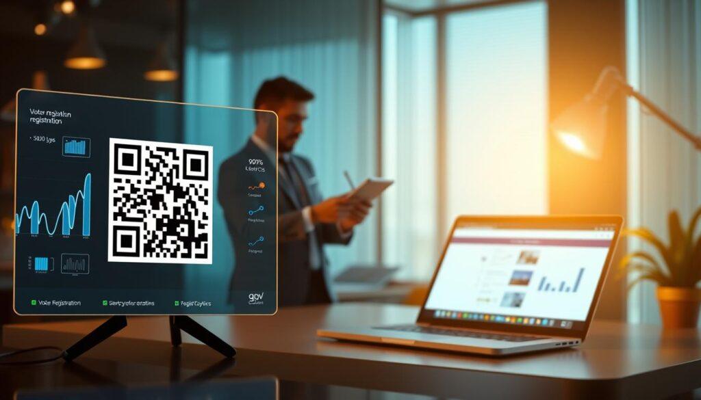 A modern digital workspace scene illustrating QR code voter registration tracking analytics. In the foreground, a large, scannable QR code prominently displayed on a sleek digital screen, surrounded by graphical representations of data analytics like line charts and pie charts. The middle layer features a professional in business attire, analyzing the data with a tablet, focused yet engaged. In the background, an open laptop displaying a user-friendly online registration platform, bathed in soft ambient lighting that creates a tech-savvy atmosphere. Warm, inviting tones blend with the cool glow of digital elements, evoking a sense of innovation and efficiency in voter registration processes. The overall composition should convey a seamless integration of technology and civic engagement.
