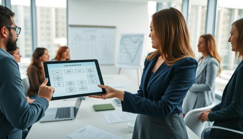 A professional business setting depicting a team of diverse individuals engaged in a discussion about incident reporting protocols and escalation processes. In the foreground, a well-dressed woman pointing at a flowchart on a digital tablet, showcasing steps for reporting incidents. In the middle ground, a large conference table with papers, laptops, and a whiteboard filled with diagrams about escalation procedures. In the background, a bright, modern office with large windows allowing natural light to flood in, emphasizing a collaborative atmosphere. The color palette features calm blues and greens, creating a sense of focus and calmness essential for communication. The perspective is slightly elevated, capturing the dynamic interaction among team members, enhancing the sense of teamwork and professionalism.