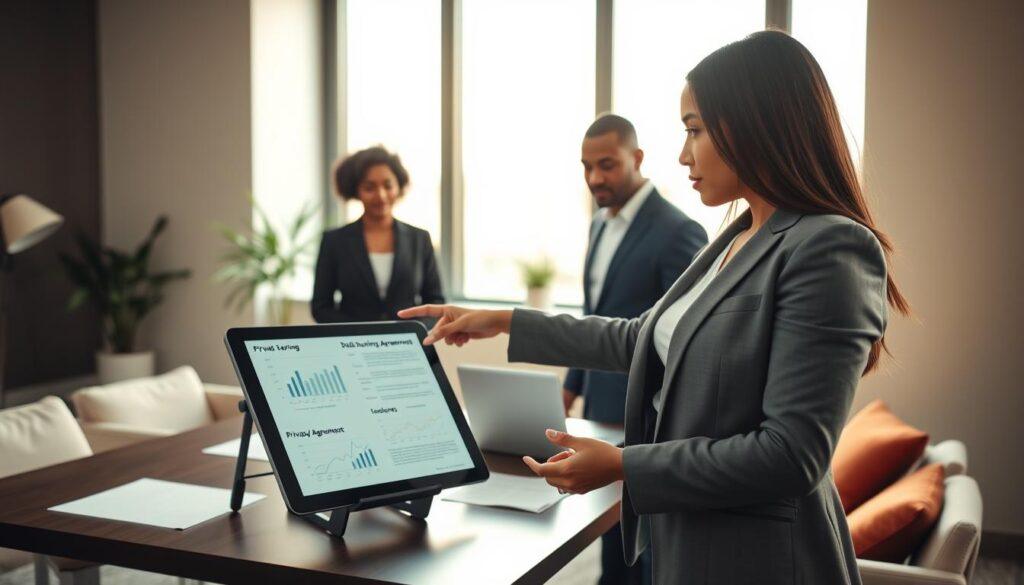 A professional office setting, where a diverse group of three businesspeople are engaged in a discussion about data-sharing privacy agreements. In the foreground, a woman in a sharp blazer is pointing at a digital tablet displaying graphs and legal documents. The middle layer features a large conference table with papers and a laptop open, symbolizing collaboration. In the background, a large window lets in warm, natural light, illuminating the space and creating a serious yet inviting atmosphere. The room has soft furnishings and a plant in the corner, adding a touch of calm. Capture the mood of focus and cooperation, while ensuring all individuals are in professional business attire, emphasizing the importance of safeguarding privacy in data sharing.