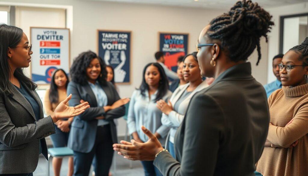 A professional setting depicting a group of diverse volunteers engaged in hands-on voter safety de-escalation training. In the foreground, a volunteer, dressed in smart casual attire, demonstrates calming body language techniques. In the middle ground, a small group watches intently, practicing active listening and non-threatening gestures, showing expressions of focus and engagement. The background features a well-lit community center room with motivational posters about civic responsibility. Soft, natural lighting filters through large windows, creating an inviting atmosphere. The lens captures the scene from a slightly elevated angle, emphasizing the collaborative spirit and professionalism of the training. The overall mood is supportive and informative, highlighting the importance of safety and effective communication in voter registration efforts.
