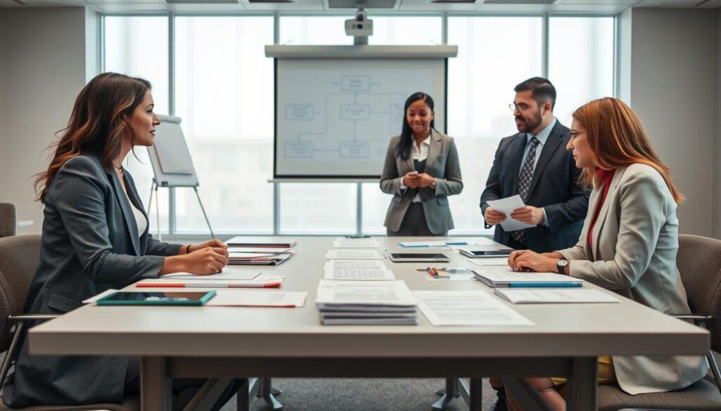 A professional setting illustrating the concept of voter registration partners with clarity in their roles. In the foreground, three diverse individuals in business attire engage in a discussion, with one acting as a host, another as a trainer, and the third as a messenger. The middle ground features a large, rectangular table filled with voter registration materials and documents, symbolizing collaboration and organization. The background depicts a well-lit seminar room with a projector displaying a flowchart of roles and strategies. Soft, natural lighting filters in through large windows, creating an inviting and focused atmosphere. The lens captures a wide-angle view, emphasizing the interaction and teamwork among the partners, conveying a sense of purpose and community engagement.