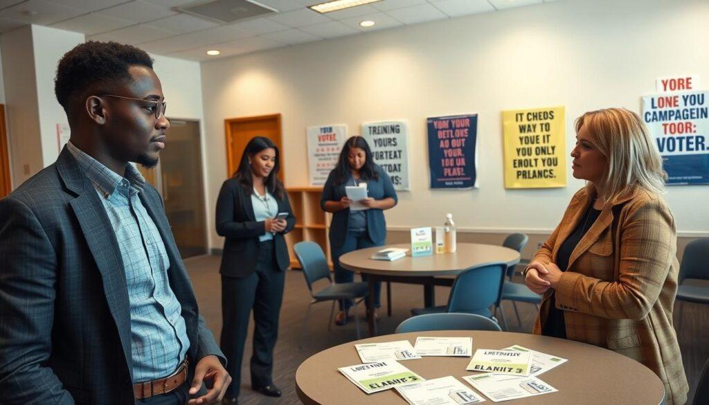 A professional training environment depicting conflict de-escalation techniques for voter registration. In the foreground, two individuals in business attire (a diverse male and a female) engage in a calm dialogue, demonstrating active listening and effective communication. The middle ground features a round table with voter registration pamphlets and friendly volunteers preparing role-playing scenarios. The background shows a well-lit community center with motivational posters on the walls, promoting civic engagement and understanding. Soft, natural lighting creates a warm atmosphere, while a wide-angle lens captures the interaction, emphasizing cooperation and professionalism. The overall mood is supportive and focused, highlighting positive engagement in voter registration.