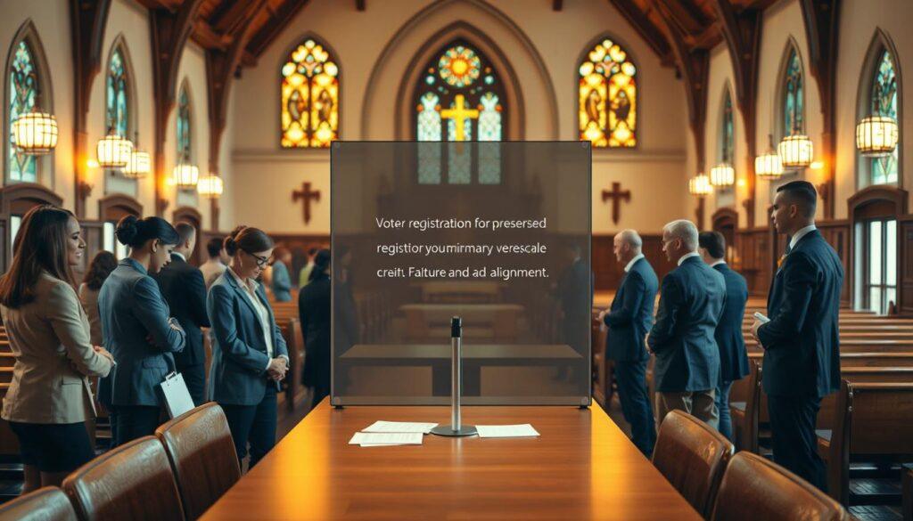 A serene and respectful church environment illustrating voter registration privacy protocols. In the foreground, a diverse group of individuals in professional business attire are gathered around a table, discussing registration forms while maintaining a respectful distance. The middle layer features a beautifully decorated church interior with soft, warm lighting illuminating stained-glass windows, creating a calm atmosphere. A privacy screen subtly separates the registration area to emphasize confidentiality, adorned with serene decor that reflects faith and community values. In the background, rows of pews and a gentle altar provide a sense of pastoral care and alignment. The image captures a mood of safety, inclusivity, and trust within a faith-based setting, with a soft focus achieving a warm, inviting feel. A serene and respectful church environment illustrating voter registration privacy protocols. In the foreground, a diverse group of individuals in professional business attire are gathered around a table, discussing registration forms while maintaining a respectful distance. The middle layer features a beautifully decorated church interior with soft, warm lighting illuminating stained-glass windows, creating a calm atmosphere. A privacy screen subtly separates the registration area to emphasize confidentiality, adorned with serene decor that reflects faith and community values. In the background, rows of pews and a gentle altar provide a sense of pastoral care and alignment. The image captures a mood of safety, inclusivity, and trust within a faith-based setting, with a soft focus achieving a warm, inviting feel.