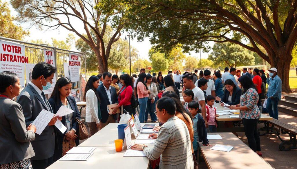 A vibrant and organized voter registration event taking place outdoors in a community park. In the foreground, a diverse group of individuals, dressed in professional business attire and modest casual clothing, engage with attendees at an information booth adorned with cheerful banners and registration forms. In the middle ground, families and young people gather around tables to fill out voter registration forms, while volunteers provide assistance. The background features a bright, sunny sky with trees and park benches, ensuring a welcoming atmosphere. The lighting is warm and inviting, highlighting the sense of community and participation. A wide-angle perspective captures the hustle and bustle of the event, reflecting an upbeat and positive mood centered around civic engagement. A vibrant and organized voter registration event taking place outdoors in a community park. In the foreground, a diverse group of individuals, dressed in professional business attire and modest casual clothing, engage with attendees at an information booth adorned with cheerful banners and registration forms. In the middle ground, families and young people gather around tables to fill out voter registration forms, while volunteers provide assistance. The background features a bright, sunny sky with trees and park benches, ensuring a welcoming atmosphere. The lighting is warm and inviting, highlighting the sense of community and participation. A wide-angle perspective captures the hustle and bustle of the event, reflecting an upbeat and positive mood centered around civic engagement.