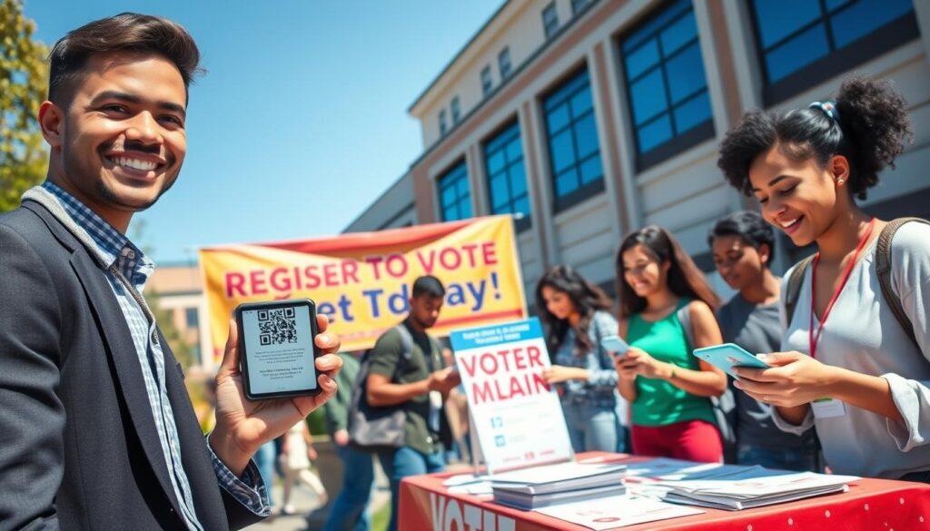 A vibrant campus scene filled with diverse students engaging in a voter registration drive. In the foreground, a friendly student in professional business attire holds a smartphone displaying a QR code, encouraging peers to sign up for voter registration. In the middle ground, a colorful banner reads “Register to Vote Today!” alongside a table filled with registration forms and informational pamphlets. Other students of various backgrounds are interacting and scanning QR codes with their devices. The background features a university building with clear blue skies, enhancing the sense of an active and engaged environment. The lighting is bright and inviting, reminiscent of a sunny day, creating a mood of enthusiasm and purpose, capturing the essence of modern digital tactics for voter mobilization on campus.