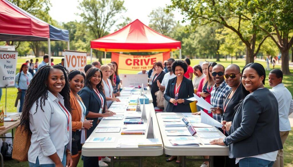 A vibrant outdoor voter registration drive scene, showcasing an organized layout with clearly marked stations for checking in voters, signing up new registrants, and providing information. In the foreground, a diverse group of volunteers in professional attire engage with community members, guiding them through the registration process. The middle ground features colorful tents and banners creating a welcoming atmosphere, along with tables covered in registration forms and informational pamphlets. The background shows a park setting with trees and a bright sky, emphasizing a sunny day that conveys optimism and community spirit. Soft, natural lighting highlights the smiling faces of participants, captured from a slightly elevated angle to present the layout effectively, ensuring a sense of participation and engagement. A vibrant outdoor voter registration drive scene, showcasing an organized layout with clearly marked stations for checking in voters, signing up new registrants, and providing information. In the foreground, a diverse group of volunteers in professional attire engage with community members, guiding them through the registration process. The middle ground features colorful tents and banners creating a welcoming atmosphere, along with tables covered in registration forms and informational pamphlets. The background shows a park setting with trees and a bright sky, emphasizing a sunny day that conveys optimism and community spirit. Soft, natural lighting highlights the smiling faces of participants, captured from a slightly elevated angle to present the layout effectively, ensuring a sense of participation and engagement.