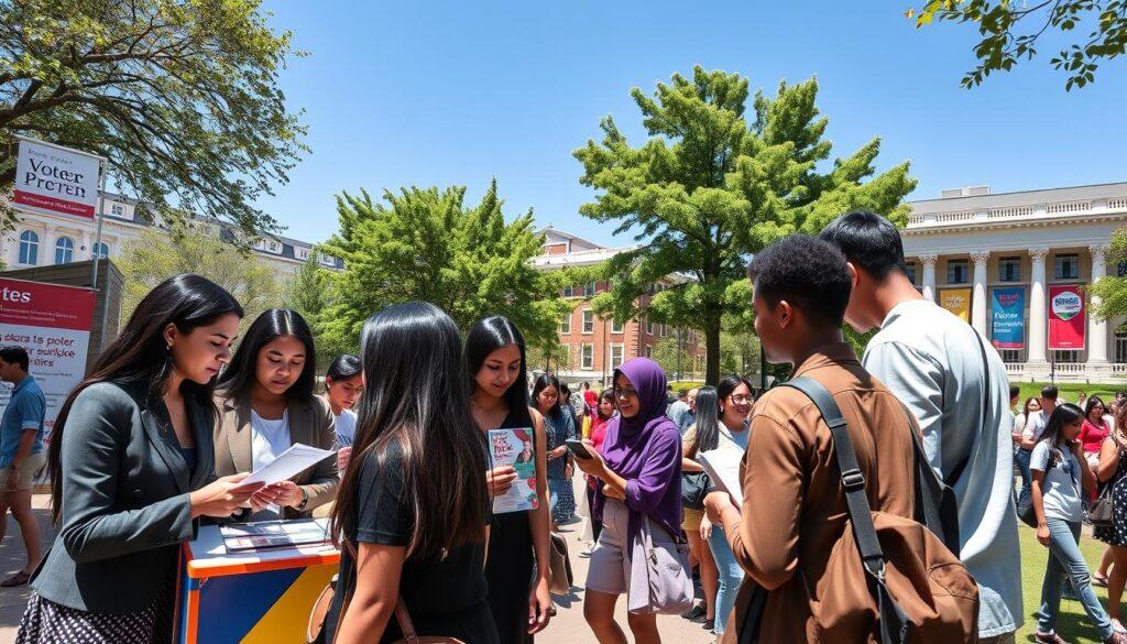 A vibrant university campus scene during orientation week, focusing on a diverse group of students stationed at a colorful booth for voter registration. In the foreground, students wearing professional business attire and modest casual clothing engage with peers, filling out forms and discussing the importance of voting. The middle-ground features a lively atmosphere with students gathering around the booth, some holding informational flyers. In the background, university buildings are visible under clear blue skies, providing a sense of location and purpose. Bright sunlight casts gentle shadows, creating a welcoming and energetic mood. The angle captures the action from slightly above, emphasizing engagement and interaction among students, framed by trees and banners promoting civic involvement.