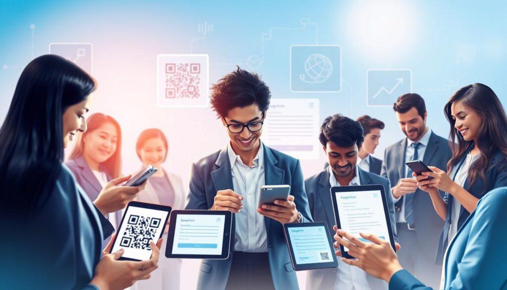 A visually striking illustration of "data privacy accessibility," focusing on modern technology and inclusivity. In the foreground, a diverse group of individuals in professional business attire engage with digital devices like smartphones and tablets, showcasing accessible interfaces designed for screen readers. The middle ground features QR codes and online forms displayed on various screens, representing streamlined digital registration processes. The background includes a soft gradient of blue and white, symbolizing technology and trust. Use bright ambient lighting to create a positive, optimistic atmosphere, capturing the essence of accessibility in digital workflows. The image should emphasize harmony, collaboration, and the importance of making technology usable for everyone, devoid of any text or overlays.