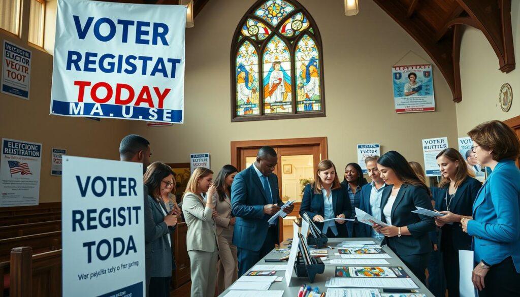 A well-organized church voter registration drive scene, showcasing a variety of compliance signage prominently displayed around a welcoming church hall. In the foreground, a large election-themed banner reading "Voter Registration Today" hangs above a table adorned with registration forms, pens, and informational brochures. In the middle, diverse individuals in professional business attire engage in conversations, leaning over the table for assistance from friendly volunteers. The background features soft, natural lighting filtering through stained glass windows, casting colorful reflections. The atmosphere is warm and inviting, reflecting a sense of community and collaboration. The angle is slightly elevated, capturing both the activities and the lively decorations, emphasizing the importance of participation in the democratic process. A well-organized church voter registration drive scene, showcasing a variety of compliance signage prominently displayed around a welcoming church hall. In the foreground, a large election-themed banner reading "Voter Registration Today" hangs above a table adorned with registration forms, pens, and informational brochures. In the middle, diverse individuals in professional business attire engage in conversations, leaning over the table for assistance from friendly volunteers. The background features soft, natural lighting filtering through stained glass windows, casting colorful reflections. The atmosphere is warm and inviting, reflecting a sense of community and collaboration. The angle is slightly elevated, capturing both the activities and the lively decorations, emphasizing the importance of participation in the democratic process.