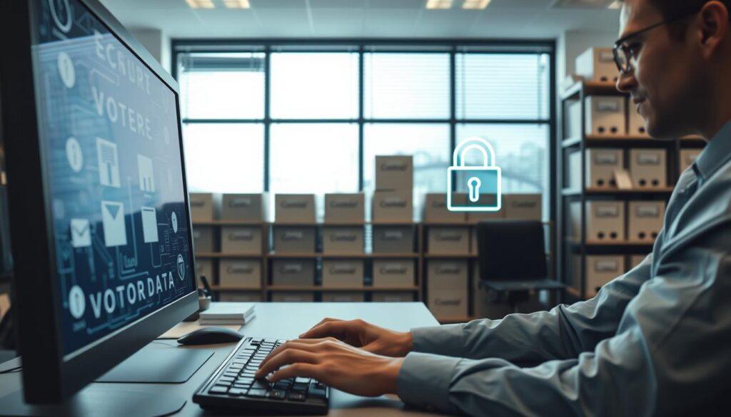 An intricately designed office environment focusing on voter data privacy. In the foreground, a computer display shows an abstract representation of encrypted voter data with secure storage icons. A professional individual, dressed in business attire, types on the keyboard, looking focused. In the middle ground, shelves stacked with file boxes labeled "Confidential" overlook an organized workspace featuring secure storage solutions. The background showcases a large window with blinds, filtering soft natural light that enhances the atmosphere of confidentiality. The overall mood is serious and secure, emphasizing the importance of data protection in the voter registration process. Use a wide-angle lens to capture the depth of the office environment, maintaining clarity and professionalism throughout the image.