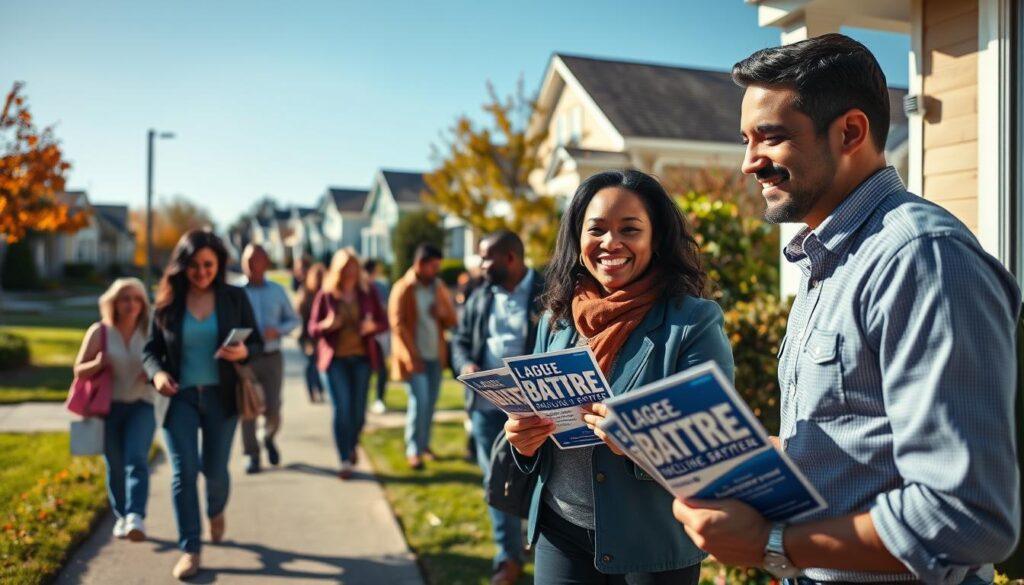A busy neighborhood scene depicting enthusiastic volunteers knocking on doors for a local campaign. In the foreground, two diverse volunteers dressed in smart casual attire hold campaign flyers and smile warmly as they engage with a friendly homeowner, who appears receptive and engaged. In the middle ground, additional volunteers are seen walking along the sidewalk, some chatting and others approaching homes, all radiating energy and commitment. The background features quaint houses with well-kept lawns under a clear blue sky, with autumn leaves adding color to the scene. The lighting is bright and natural, creating a welcoming atmosphere that emphasizes teamwork and grassroots involvement. The composition is shot at eye level, capturing the action and connection between the volunteers and the community. A busy neighborhood scene depicting enthusiastic volunteers knocking on doors for a local campaign. In the foreground, two diverse volunteers dressed in smart casual attire hold campaign flyers and smile warmly as they engage with a friendly homeowner, who appears receptive and engaged. In the middle ground, additional volunteers are seen walking along the sidewalk, some chatting and others approaching homes, all radiating energy and commitment. The background features quaint houses with well-kept lawns under a clear blue sky, with autumn leaves adding color to the scene. The lighting is bright and natural, creating a welcoming atmosphere that emphasizes teamwork and grassroots involvement. The composition is shot at eye level, capturing the action and connection between the volunteers and the community.