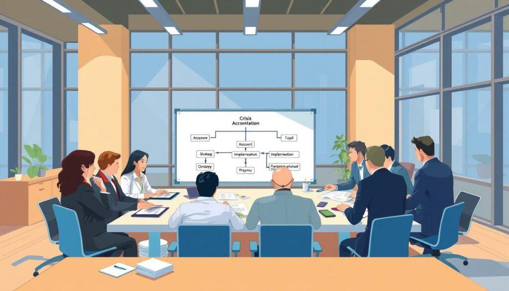 A detailed and visually engaging illustration of a "Crisis Communication Planning" framework set in an office environment. In the foreground, a diverse group of professionals in business attire gather around a large table strewn with documents and digital devices, discussing strategies. In the middle ground, a whiteboard displays a flowchart with keywords like "Assessment," "Strategy," and "Implementation," showcasing a structured crisis communication plan. The background features large windows allowing natural light to flood the room, enhancing a collaborative atmosphere. The scene is well-composed with a warm, professional ambiance, captured from a slightly elevated angle to provide depth. The color palette is focused on blues and greens to evoke a sense of calm and focus amid the serious discussion of crisis management. A detailed and visually engaging illustration of a "Crisis Communication Planning" framework set in an office environment. In the foreground, a diverse group of professionals in business attire gather around a large table strewn with documents and digital devices, discussing strategies. In the middle ground, a whiteboard displays a flowchart with keywords like "Assessment," "Strategy," and "Implementation," showcasing a structured crisis communication plan. The background features large windows allowing natural light to flood the room, enhancing a collaborative atmosphere. The scene is well-composed with a warm, professional ambiance, captured from a slightly elevated angle to provide depth. The color palette is focused on blues and greens to evoke a sense of calm and focus amid the serious discussion of crisis management.
