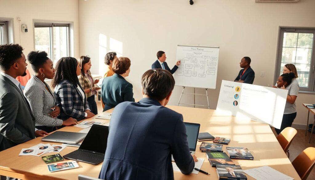 A diverse group of campaign volunteers engaged in a training session in a well-lit community center. In the foreground, a few volunteers, dressed in professional business attire, are actively discussing strategies around a large table covered with campaign materials such as brochures and laptops. In the middle background, a trainer stands at a whiteboard, pointing to a flowchart outlining an onboarding process, while others attentively take notes. The scene captures a collaborative and energetic atmosphere, showcasing teamwork and enthusiasm. Soft, natural lighting streams through large windows, creating an inviting mood. The composition evokes a sense of purpose and commitment, emphasizing the importance of effective training systems for political campaigning.