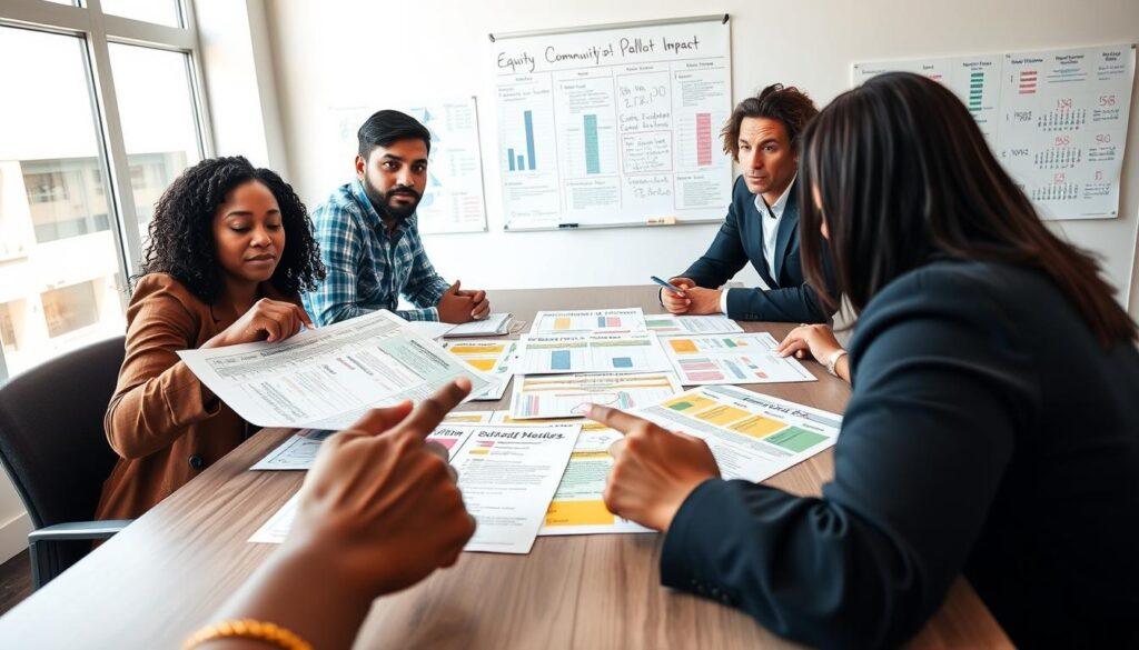 A diverse group of professionals, including a Black woman, a Hispanic man, and a white woman, are seated around a modern conference table, analyzing colorful ballot measure documents spread out before them. In the foreground, a close-up of hands pointing at specific measures, highlighted with annotations. The middle focuses on engaged facial expressions as they discuss strategies for equity-focused community impact. Background elements include a whiteboard filled with graphs and notes, illustrating key community demographics and impact metrics. The lighting is bright and natural, emanating from large windows, creating an open and inviting atmosphere. The composition emphasizes collaboration, understanding, and a forward-thinking approach to community equity.