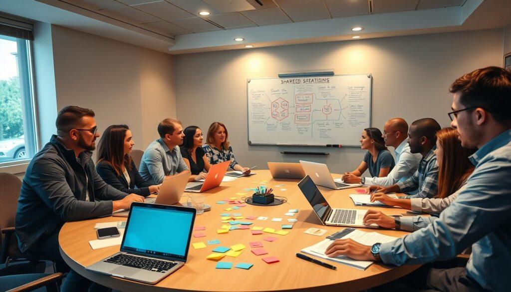 A diverse group of professionals, including men and women of various ethnicities, gathered around a large round table, engaged in brainstorming and discussing strategies for shared agenda development. The foreground features open laptops, notepads, and colorful sticky notes scattered across the table, showcasing a collaborative environment. In the middle background, a large whiteboard is filled with diagrams and key points, illustrating their political coalition strategies. Soft, warm lighting comes from overhead fixtures, creating an inviting and focused atmosphere. A wide-angle perspective captures the energy and engagement in the room, emphasizing teamwork and unity in the pursuit of impactful grassroots campaigning. The overall mood is optimistic and dynamic, reflecting determination and collective purpose.