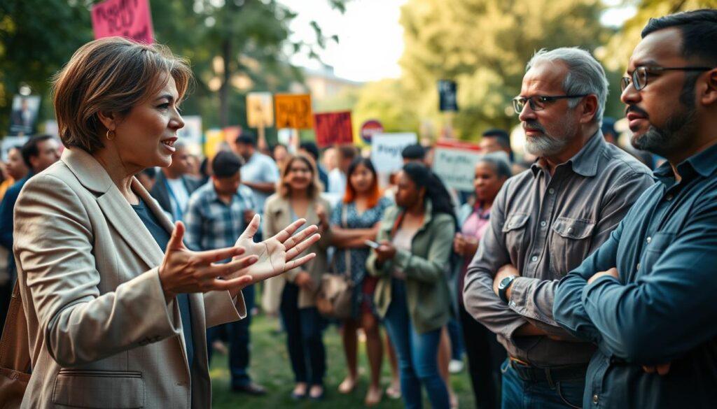 A dynamic scene depicting a diverse group of individuals engaged in storytelling for political impact. In the foreground, a woman in professional business attire passionately shares her story, her hands animatedly illustrating her points. To the right, a man in modest casual clothing listens intently, his expression reflecting empathy and understanding. In the middle ground, a vibrant community gathering unfolds, with a mix of ages and ethnicities, each individual contributing to the narrative exchange, showcasing the power of grassroots engagement. The background features a city park setting with colorful banners and signs promoting local issues, subtly emphasizing activism. Soft, natural lighting bathes the scene, evoking a hopeful and inspiring atmosphere. Capture this scene from a slightly elevated angle, focusing on the human connections and expressions that convey the energy of political storytelling. A dynamic scene depicting a diverse group of individuals engaged in storytelling for political impact. In the foreground, a woman in professional business attire passionately shares her story, her hands animatedly illustrating her points. To the right, a man in modest casual clothing listens intently, his expression reflecting empathy and understanding. In the middle ground, a vibrant community gathering unfolds, with a mix of ages and ethnicities, each individual contributing to the narrative exchange, showcasing the power of grassroots engagement. The background features a city park setting with colorful banners and signs promoting local issues, subtly emphasizing activism. Soft, natural lighting bathes the scene, evoking a hopeful and inspiring atmosphere. Capture this scene from a slightly elevated angle, focusing on the human connections and expressions that convey the energy of political storytelling.