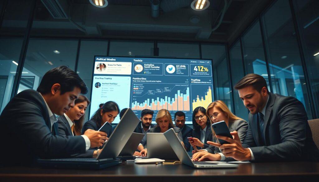 A dynamic scene depicting crisis communication on social media during a political emergency. In the foreground, a diverse group of professionals in business attire, intensely focused on their laptops and smartphones, demonstrate teamwork and strategy formulation. The middle ground showcases a large digital screen with real-time social media analytics, displaying engagement metrics and trending topics related to the crisis. In the background, a modern office environment with glass walls and muted lighting adds to the urgency of the situation. The atmosphere is tense yet collaborative, with dramatic lighting highlighting the professionals' expressions of determination and focus. A low-angle perspective to evoke a sense of urgency and importance underscores the fast-paced digital landscape of political crisis management.
