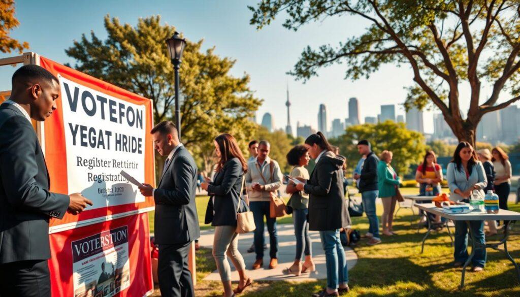 A dynamic scene of a voter registration drive set in an urban park. In the foreground, a diverse group of people, dressed in professional business attire and modest casual clothing, are engaging in conversation as they fill out registration forms at a brightly colored booth adorned with banners. The middle ground features additional booths and tables, where volunteers enthusiastically assist passersby with registration, creating an inviting atmosphere. The background showcases a vibrant city skyline under a clear blue sky, with trees providing shade. Bright, warm lighting adds an optimistic mood. A slight angle from a low perspective captures the energy and sense of community, emphasizing participation and engagement. The scene evokes excitement and the importance of civic responsibility. A dynamic scene of a voter registration drive set in an urban park. In the foreground, a diverse group of people, dressed in professional business attire and modest casual clothing, are engaging in conversation as they fill out registration forms at a brightly colored booth adorned with banners. The middle ground features additional booths and tables, where volunteers enthusiastically assist passersby with registration, creating an inviting atmosphere. The background showcases a vibrant city skyline under a clear blue sky, with trees providing shade. Bright, warm lighting adds an optimistic mood. A slight angle from a low perspective captures the energy and sense of community, emphasizing participation and engagement. The scene evokes excitement and the importance of civic responsibility.