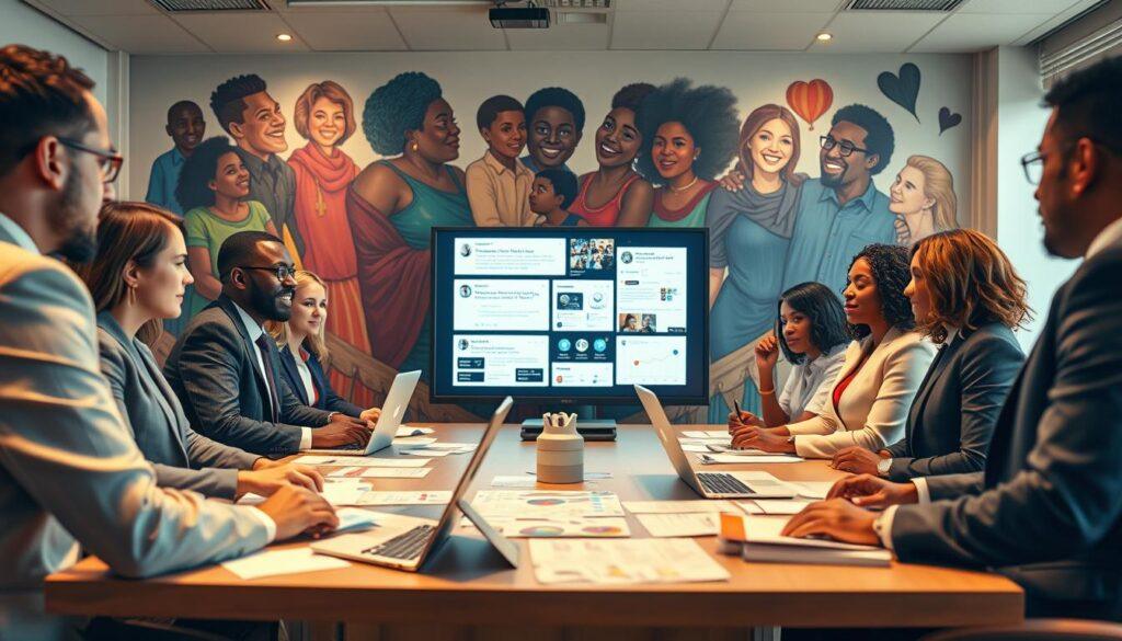 A dynamic scene showcasing political organizing and media integration. In the foreground, a diverse group of individuals in professional business attire are engaged in a brainstorming session around a large table filled with laptops, charts, and brochures. In the middle, a digital screen displays social media feeds and communication strategies, symbolizing the integration of technology in grassroots efforts. The background features a vibrant community mural that reflects diversity and empowerment. Soft, warm lighting creates an inviting atmosphere, while a slight depth of field focuses on the group’s expressions of collaboration and determination. The composition captures a sense of urgency and purpose, emphasizing the synergy between community power and media communication.