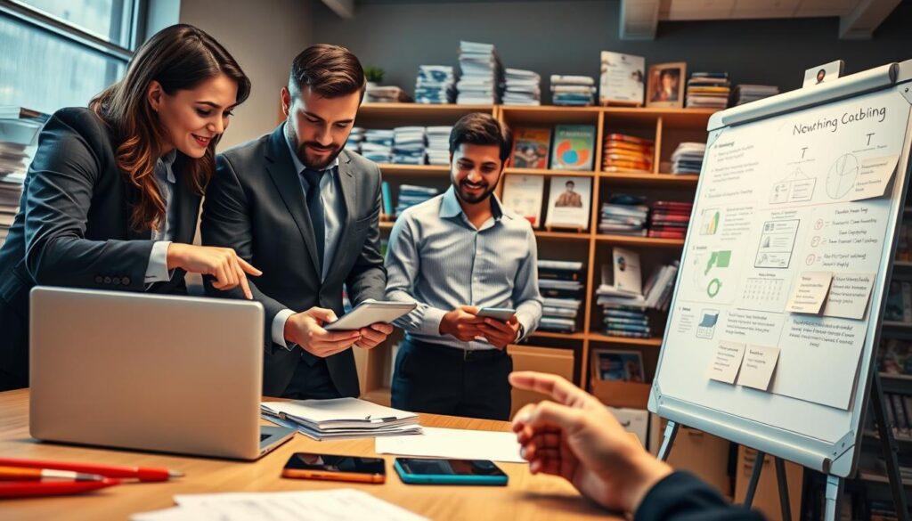 A dynamic scene showing campaign volunteers engaged with various technology tools for management. In the foreground, two volunteers in professional business attire are collaborating over a laptop, reviewing digital campaign strategies. One volunteer is pointing to the screen, while the other is taking notes on a tablet. In the middle ground, a third volunteer stands by a whiteboard filled with diagrams and plans, while a smartphone on the table displays real-time social media engagement stats. The background features shelves stacked with brochures and campaign materials, softly lit for a warm atmosphere, suggesting an energetic yet focused workspace. The angle captures a bustling office environment, emphasizing teamwork and technology in a vibrant campaign setting.