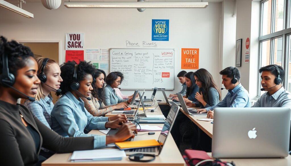 A focused, modern phone banking environment filled with dedicated volunteers. In the foreground, a diverse group of individuals in professional attire engaged in phone conversations, showcasing enthusiasm and determination. They sit at desks with headsets, surrounded by laptops and colorful script notes. The middle ground features a whiteboard filled with strategies and goals, emphasizing teamwork and effective communication. In the background, a bright, welcoming office space with posters promoting civic engagement and voting rights. Soft, natural lighting from large windows creates an uplifting atmosphere, while a camera angle captures an inviting, slightly elevated view, highlighting the dynamic atmosphere of voter outreach efforts. A focused, modern phone banking environment filled with dedicated volunteers. In the foreground, a diverse group of individuals in professional attire engaged in phone conversations, showcasing enthusiasm and determination. They sit at desks with headsets, surrounded by laptops and colorful script notes. The middle ground features a whiteboard filled with strategies and goals, emphasizing teamwork and effective communication. In the background, a bright, welcoming office space with posters promoting civic engagement and voting rights. Soft, natural lighting from large windows creates an uplifting atmosphere, while a camera angle captures an inviting, slightly elevated view, highlighting the dynamic atmosphere of voter outreach efforts.