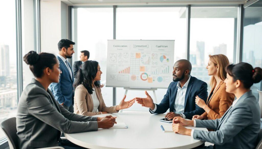 A harmonious conference room scene showcasing a diverse group of professionals engaged in collaborative conflict resolution. In the foreground, two individuals, one Asian female and one Black male, are seated at a round table, clearly discussing strategies and gestures that indicate negotiation and understanding. Around them, several other team members, representing various ethnicities and genders, are nodding in agreement or taking notes, dressed in professional business attire. The middle ground highlights a whiteboard full of charts and brainstorming notes that visually represent their coalition’s goals. In the background, soft lighting creates a welcoming atmosphere, while a large window offers a glimpse of a cityscape, symbolizing progress and opportunity. The mood is constructive and optimistic, capturing the essence of unity in overcoming differences for common goals.