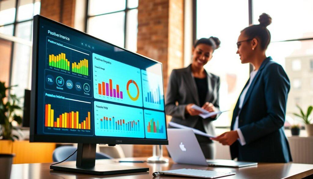 A modern dashboard visualization that showcases data reporting for funders, prominently displaying various KPIs and metrics. In the foreground, a sleek computer monitor features colorful graphs, charts, and indicators reflecting positive impact metrics. In the middle layer, a focused group of three diverse professionals dressed in smart business attire collaborate, analyzing the dashboard's data with engaged expressions. The background is a soft-focus office environment, with large windows letting in warm natural light, creating a bright and inviting atmosphere. The scene conveys professionalism and teamwork, emphasizing the importance of data-driven decision-making in funding contexts. The image should capture the excitement and dedication involved in reporting to partners and funders.