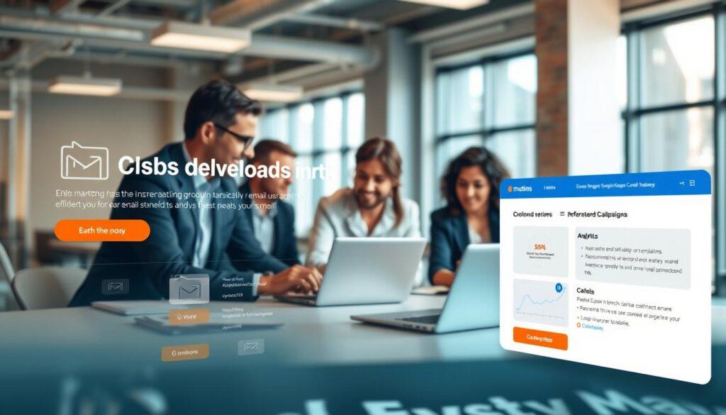 A modern email marketing platform interface displayed prominently in the foreground, featuring sleek design elements like customizable templates, analytics dashboards, and vibrant call-to-action buttons. In the middle ground, a diverse group of professionals in business attire collaborates around a table with laptops open, discussing effective email strategies. The background shows a bright, modern office space with large windows, allowing natural light to flood the room, enhancing the atmosphere of productivity and innovation. Use a shallow depth of field to focus on the interface and the engaged team, with a soft, warm lighting to convey a positive and energetic mood. The overall composition should emphasize the integration of technology with teamwork, illustrating the power of email marketing in grassroots campaigns. A modern email marketing platform interface displayed prominently in the foreground, featuring sleek design elements like customizable templates, analytics dashboards, and vibrant call-to-action buttons. In the middle ground, a diverse group of professionals in business attire collaborates around a table with laptops open, discussing effective email strategies. The background shows a bright, modern office space with large windows, allowing natural light to flood the room, enhancing the atmosphere of productivity and innovation. Use a shallow depth of field to focus on the interface and the engaged team, with a soft, warm lighting to convey a positive and energetic mood. The overall composition should emphasize the integration of technology with teamwork, illustrating the power of email marketing in grassroots campaigns.
